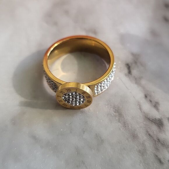 Stainless Steel 14K Gold Plated Numerals Inlaid Lab Diamond Luxury Ring Size 7 - Picture 14 of 15